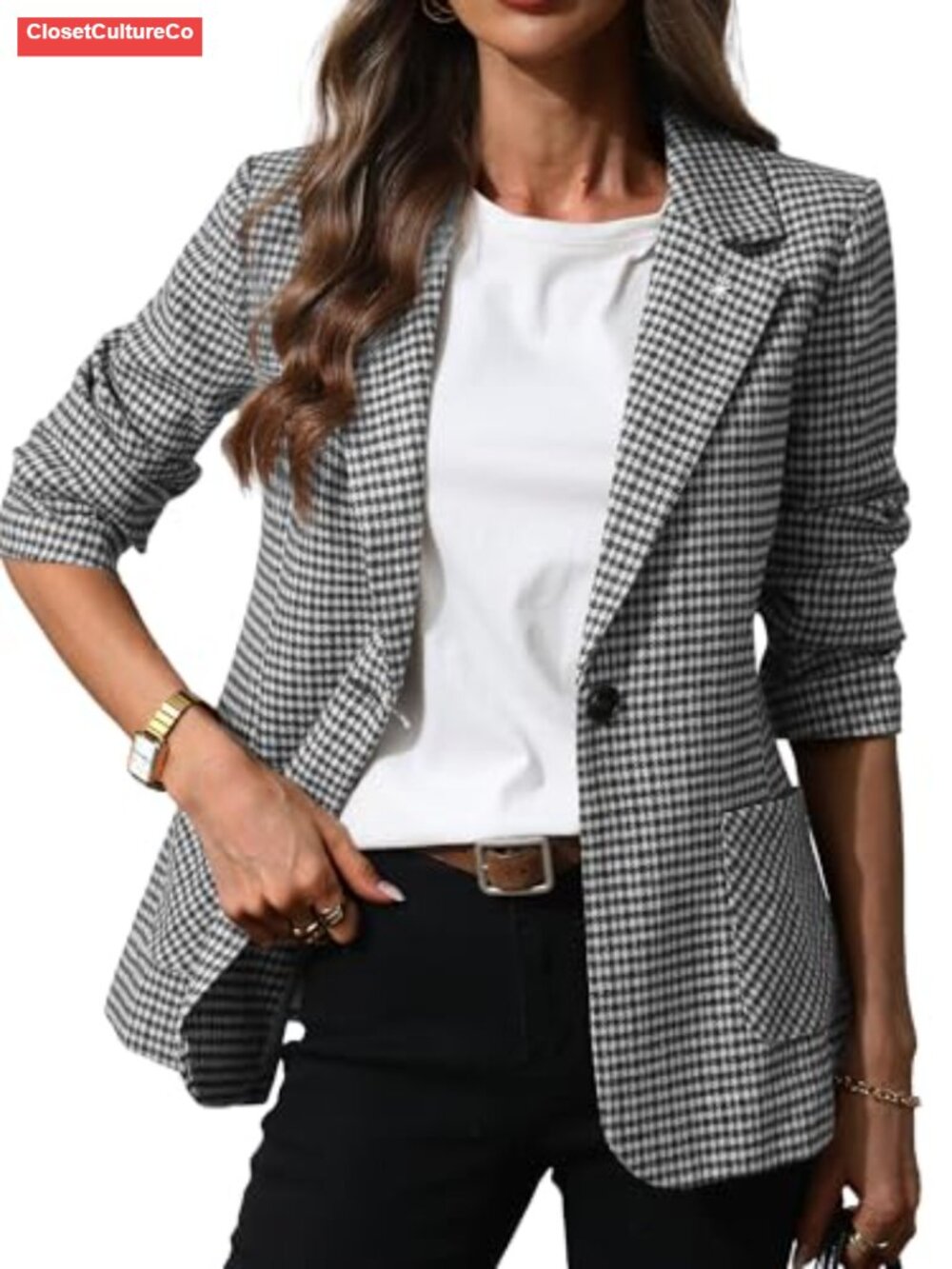 Women's Polyester Houndstooth Blazer with Embroidered Collar Business Casual